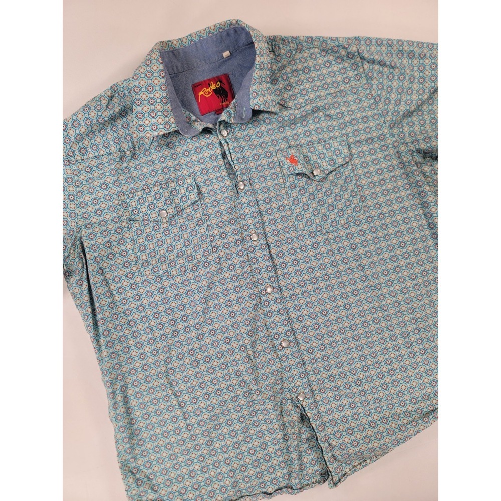 Rodeo Western Shirt Mens XL Blue Geometric‎ Pearl Snap Cowboy Cotton